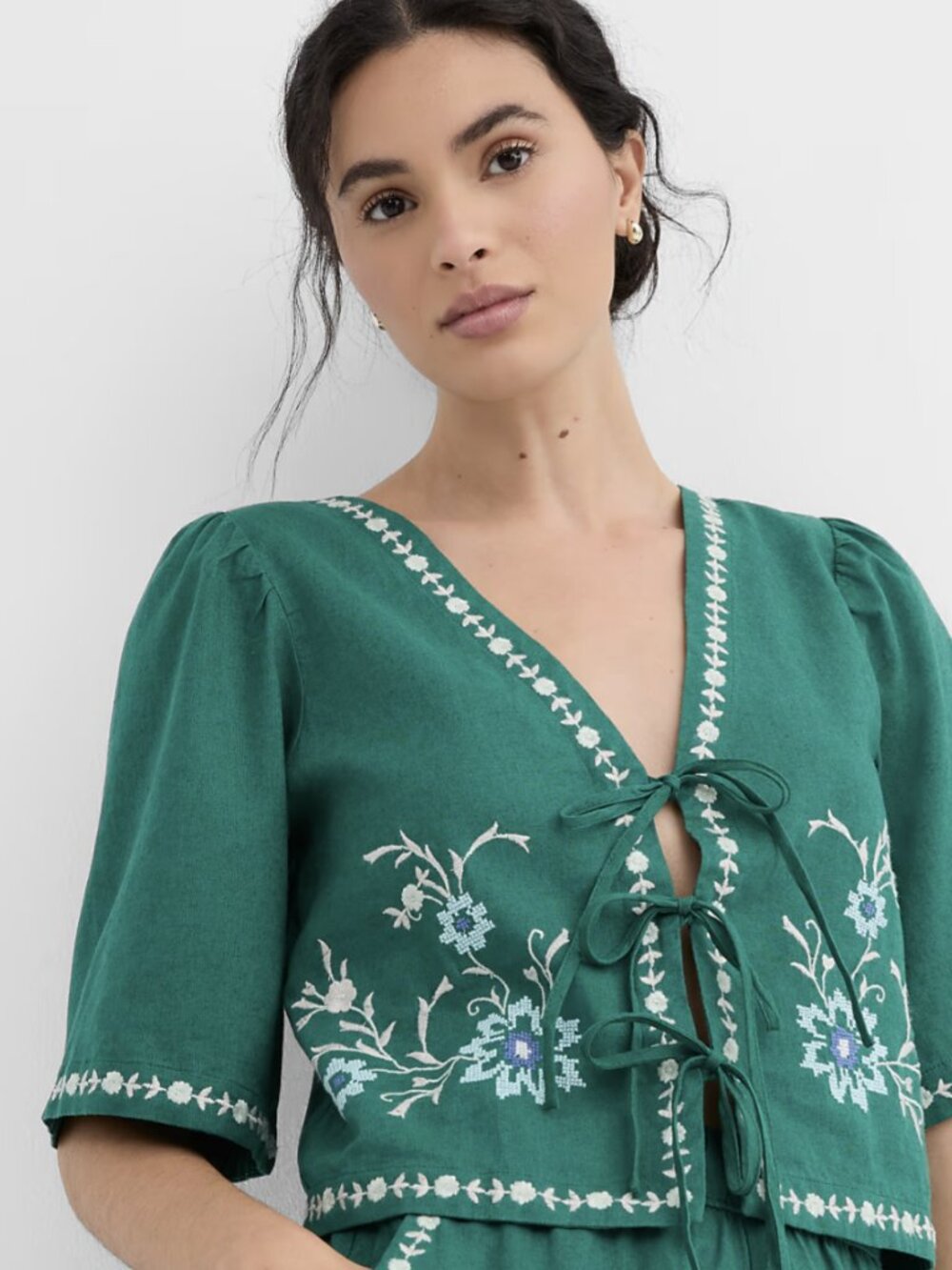 LOFT Floral Linen Cotton Bow Blouse | Evergreen | Size L - Picture 2 of 7